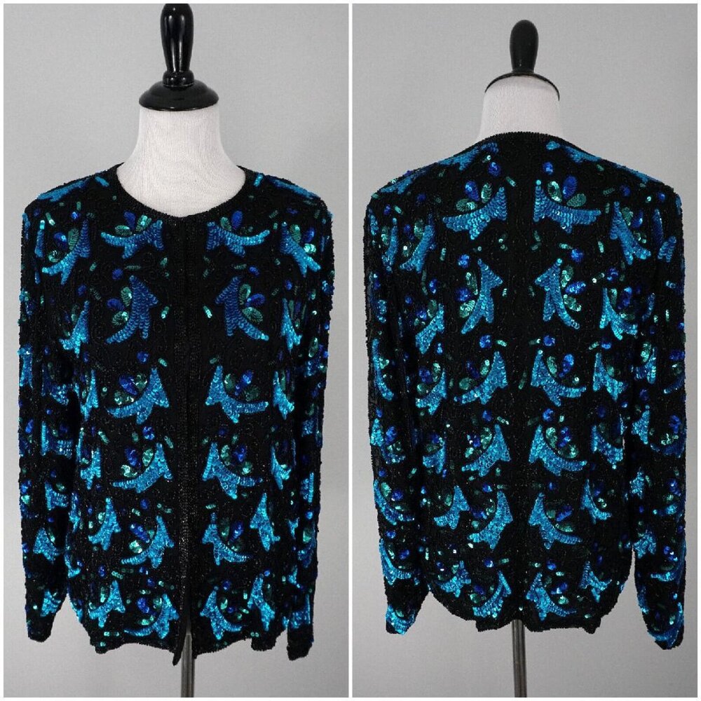 Vintage Lawrence Kazar Black Blue Beaded Sequin Evening Jacket Medium